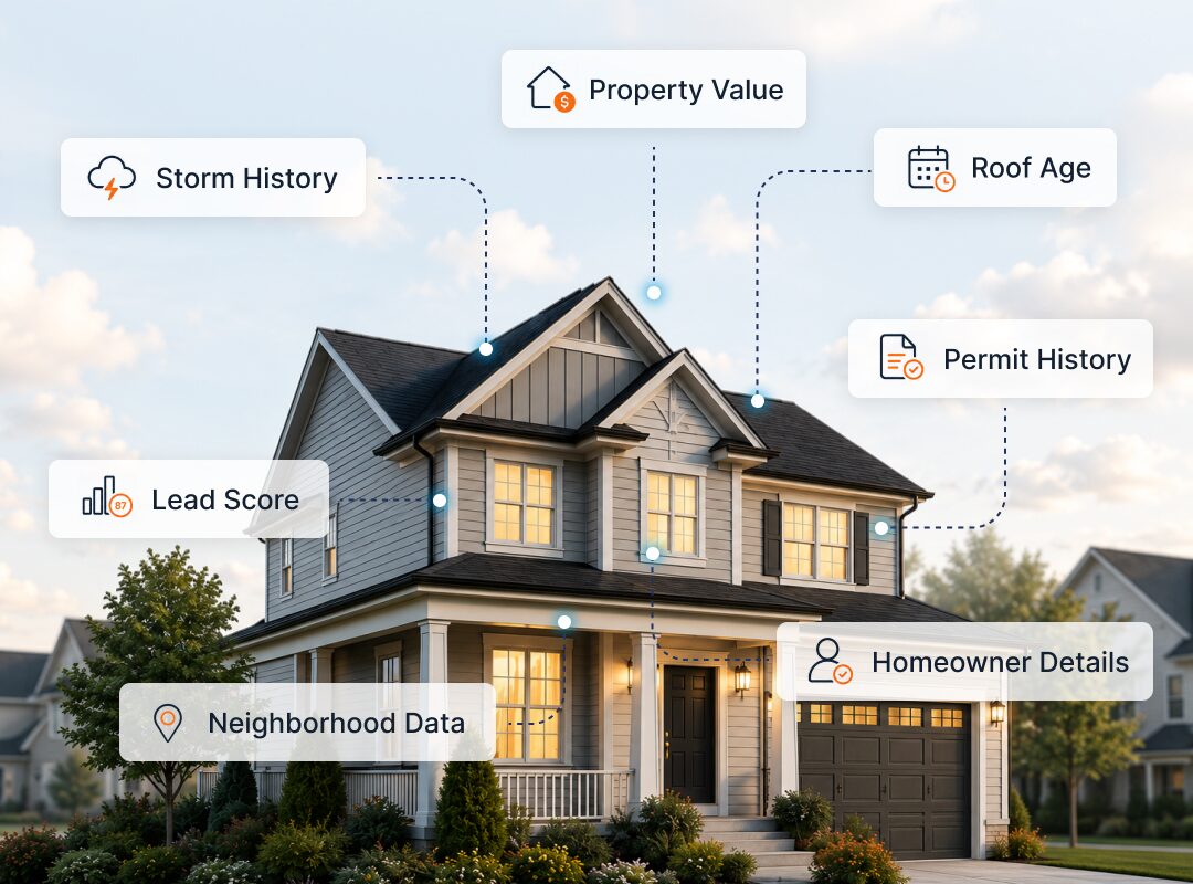 A home surrounded by the property data points ServiceCall pulls on every lead